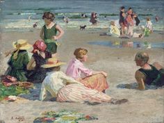 a painting of people on the beach with one woman sitting and two children standing in the sand