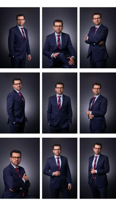 multiple shots of a man in a suit and tie posing for the camera with his arms crossed