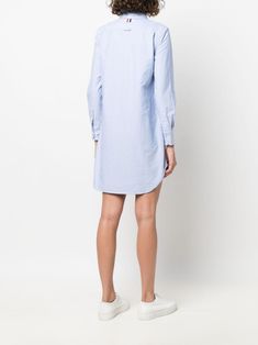 light blue cotton RWB stripe classic collar front button placket long sleeves buttoned cuffs curved hem Light Blue Long Sleeve Cotton Shirt Dress, Light Blue Cotton Shirt Dress For Daywear, Light Blue Button-up Cotton Shirt Dress, Light Blue Cotton Button-up Shirt Dress, Blue Cotton Shirt Dress For Work, Blue Cotton Shirt Dress For Daywear, Striped Cotton Shirt Dress With Relaxed Fit, Light Blue Cotton Shirt Dress For Work, Thom Browne