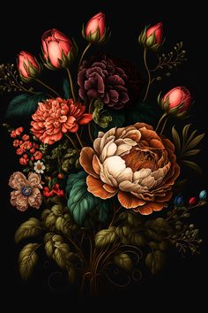 a bouquet of flowers on a black background