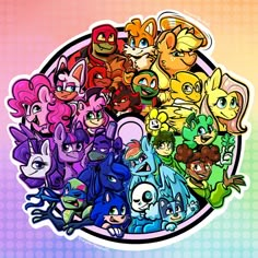 a bunch of cartoon characters are in a circle with different colors and shapes on it