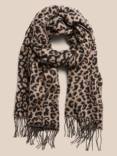 Cheetah Print Jacquard Scarf | Banana Republic Factory Brown Casual Shawl Scarves, Casual Brown Shawl Scarf, Brown Casual Scarves For Cold Weather, Casual Winter Shawl Scarf, Casual Brown Scarves For Cold Weather, Trendy Brown Scarves For Fall, Trendy Brown Fall Scarves, Chic Brown Scarf For Fall, Trendy Winter Shawl Scarf