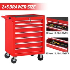 the red tool box has two drawers and one drawer with tools in it on wheels