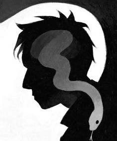 the silhouette of a man with a snake in his mouth