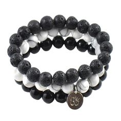 Men's 'Absolute' Black & White Bracelet Set with Om - Forziani - 1 Beaded Bracelets For Men, White Beaded Bracelet, White Beads Bracelet, Howlite Bracelet, Om Symbol, Silver Jewelry Earrings