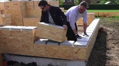 two men are building a house out of plywood