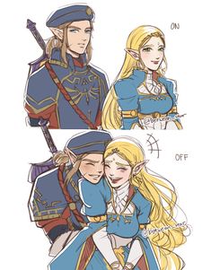 two pictures of the same character in different outfits, one with blonde hair and one with blue