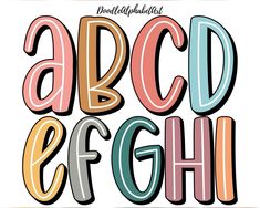 an alphabet with the letters in different colors and font styles, all on one side