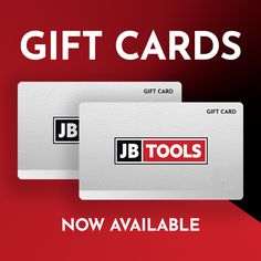 two gift cards with the words jb tools now available in red, white and black