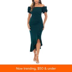 in stock Dillards Women, Diana Wedding, Xscape Dresses, Emerald Dresses, Dress With Ruffle Sleeves, Crepe Midi Dress, Flowing Skirt, Midi Dress With Sleeves, Dress Details