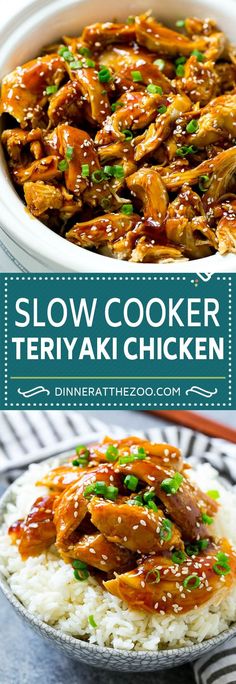 slow cooker teriyaki chicken in a bowl with rice