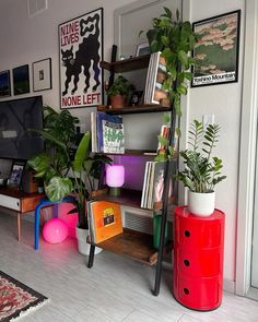 a living room filled with lots of plants and books on top of a wooden shelf