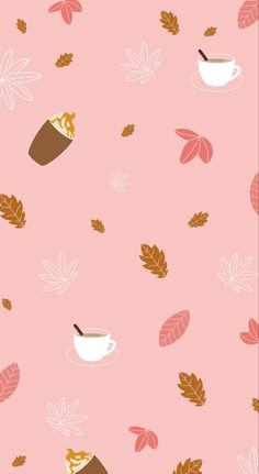 a pink background with leaves and cups on it