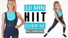 a woman in black and blue jumpsuits with the words 10 min hit over 50 no jumping