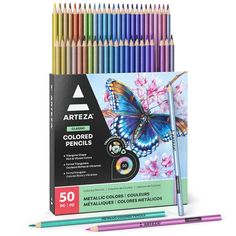 the artza colored pencils are lined up in a box and one has a butterfly on