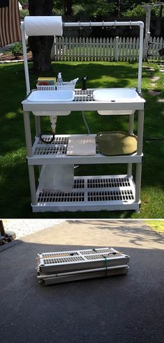 a white sink sitting on top of a metal shelf next to a green field with an american flag in the background