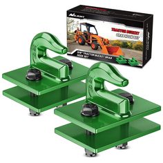 two green heavy duty tractor attachments in front of a box with the same product on it