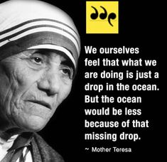 an old woman with a striped headdress and a quote from mother teresa on her face