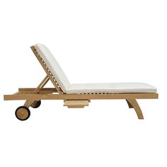 an outdoor chaise lounge with wheels and cushions on the back, made out of wood