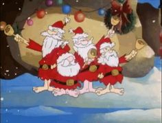 three santas are dancing in front of a christmas tree