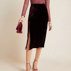 This Deep Purple Velvet Skirt From Anthropologie Features An Angular Cut And Side Slit For A Sultry Fall Look. New With Tags! Purple Velvet Skirt, Deep Purple Velvet, Midi Sweater Skirt, Plum Velvet, Pleaded Skirt, Polka Dot Pencil Skirt, Velvet Midi Skirt, Ruched Midi Skirt, Mid Length Skirt