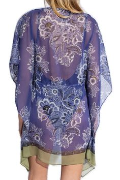 100% Polyester Elegant Spring Kaftan For Beach Cover-up, Spring Beach Sheer Kaftan, Flowy Sheer Cover-up, Sheer Flowy Cover-up, Silk Tunic For Spring Beach Days, Sheer Kimono With Kimono Sleeves For Summer, Elegant Multicolor Kimono For Beach, Elegant Multicolor Beach Kimono, Elegant V-neck Kimono Beach Cover-up