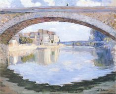 a painting of a bridge over a body of water