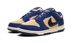 The Women’s Nike Dunk Low “Blue Suede” is a women’s-exclusive colorway of the popular sneaker with a unique arrangement of materials.  The “Blue Suede” Dunk Low features a full-suede construction with tan-colored suede appearing on the perforated toe, mid-panel, and collar, and blue suede on the overlays.  A black leather Swoosh is found on the sides.  A Deep Royal Blue “Nike” logo is embroidered on the heel and printed on the raised black leather tongue patch.  A Sail rubber midsole and blue De Dunk Low Blue, Royal Blue Nike, Dunks Outfit, Tan Sneakers, Dunk Low Nike, Deep Royal Blue, Blue Suede Shoes, Popular Sneakers, Blue Nike