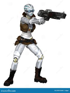 Female Cyborg Adventurer Shooting a Giant Gun by Algol Designs on Dreamstime Heavy Gunner Character, Female Rifleman Art, Steampunk Rifleman