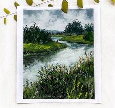 a painting of a river surrounded by green plants