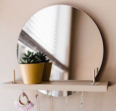 a round mirror hanging on a wall next to a potted succulent plant