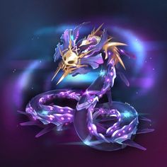 a purple and blue dragon with glowing lights on it's back legs, standing in front of a black background