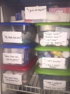 three plastic containers with labels on them in a refrigerator, labeled my sister's first aid organization