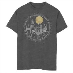 a t - shirt with an image of a castle in the middle and a full moon above it