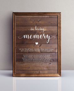 a wooden framed sign with the words in loving memory written on it's side