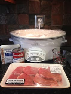 the meat is being prepared in the crockpot and ready to be put into the slow cooker