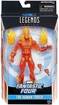 the action figure has an orange suit and yellow flame on it's chest,