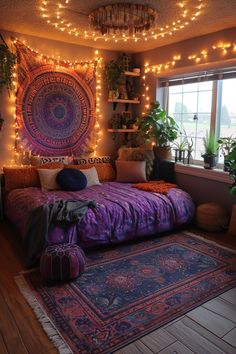 a bedroom with lights strung from the ceiling and a bed in front of a window