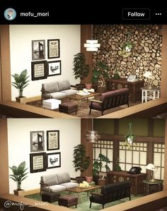 two pictures of a living room with couches and chairs