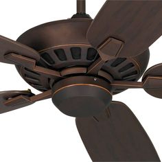 a ceiling fan that is brown and has four blades on the blades, with one light on