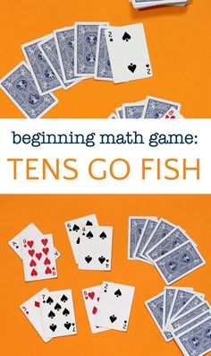 playing cards with the words, beginning math game tens go fish on top of them