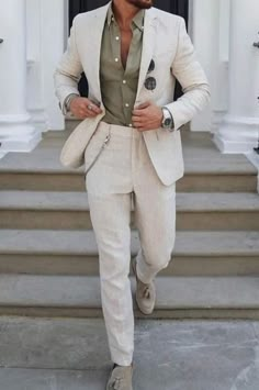 Beach Wedding Attire, Mens Wedding Attire, Wedding Outfit Men, Beige Suits