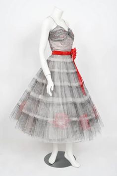 Vintage 1950's Emma Domb Red Roses Illusion Print Tulle Full-Skirt Party Dress For Sale at 1stDibs Vintage Fitted Tulle Dress, Fitted Vintage Tulle Dress, Fitted Vintage Tulle Skirt Dress, Vintage Tulle Skirt Dress For Party, Vintage Tulle Dress For Party, Vintage Organza Party Dresses, Vintage Organza Prom Dress, 1950s Style Fitted Party Petticoat, Evening Tulle Petticoat