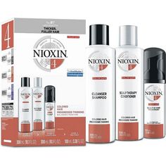 Nioxin 3 Part System No.4 - Colored Hair Progressed Thinning [LARGE]
Shampoo 10.1 oz, Conditioner 10.1 oz, Treatment 3.38 oz
Nioxin System 4 thinning hair treatment helps you achieve thicker, fuller-looking hair and restore moisture balance.
Nioxin System 4 for thinning colored hair delivers thicker, fuller hair by removing follicle-clogging sebum, fatty acids and environmental residues, while providing moisture balance and color protection.
Features & Benefits• Complete professional thickening treatment for colored hair with progressed thinning• For denser-looking hair and restored moisture balance• Helps remove sebum, fatty acids and other environmental residue• Helps provide hair resilience and control moisture balance• Provides a refreshed scalp environment
Cleanser Shampoo:• Gently ma Hair Thickening Products, Nioxin Shampoo, Hair Care Kit, Dunner Wordend Haar, Hair Care Kits, Advanced Skin Care, Reduce Hair Fall, Hair Growth Shampoo, Hair Thickening