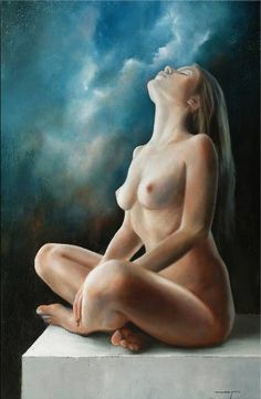 a painting of a nude woman sitting on top of a white block with clouds in the background