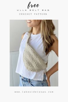 a woman wearing a white tank top holding a crochet bag