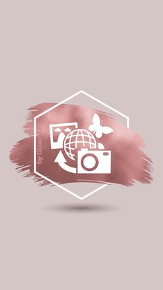 a pink watercolor background with a camera and butterfly on it's side, in the center is a white hexagon