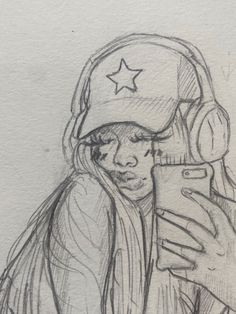 a drawing of a girl holding a cell phone and wearing a hat with stars on it