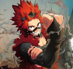 an anime character with red hair and black clothes, holding his arm out to the side