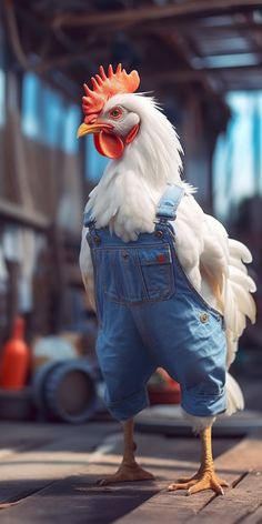 a chicken in overalls standing on the ground